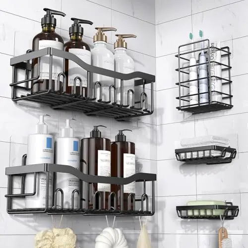 Estante de ducha adhesivo EUDELE: Organizador de acero inoxidable, 5 piezas, sin taladrar
