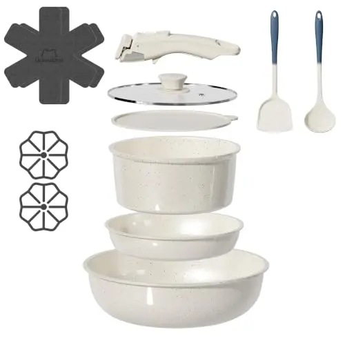 Set de 12 Pcs OzawaBear: Sartenes y Ollas Antiadherentes con Mangos Desmontables
