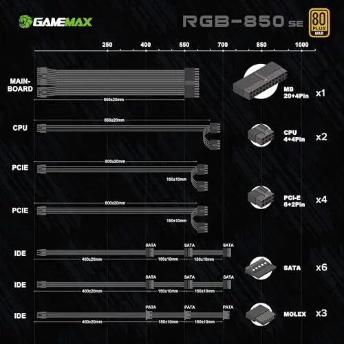Fuente de Poder GAMEMAX 850W 80 Plus Gold, ATX 3.0 y PCIE 5.0, 100% Capacitores Japoneses - imagen 5