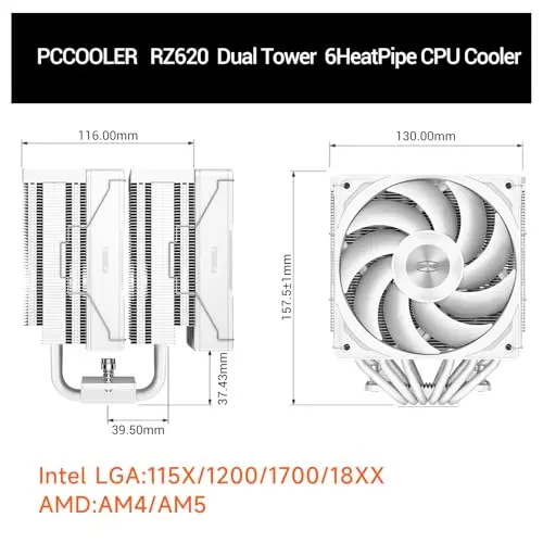 RZ620 Cooler CPU de Doble Torre con 6 Heat Pipes, 2200RPM, Compatibilidad Intel y AMD - imagen 3