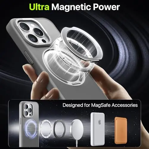 Funda QTlier para iPhone 15 Pro con soporte giratorio 360° y protección contra caídas (Gris) - imagen 2
