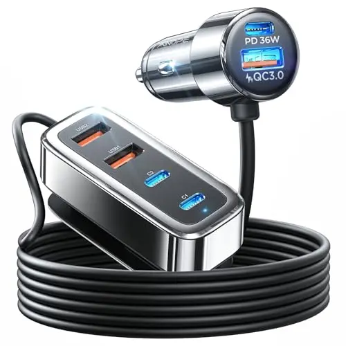 Cargador AINOPE 108W USB C para auto: 6 puertos de carga rápida para viajes familiares