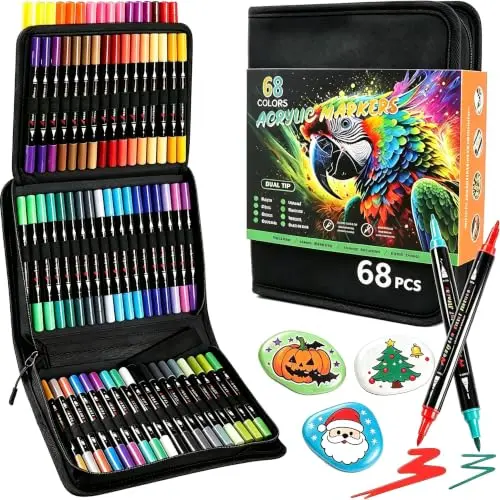 Marcadores de Pintura Acrílica - Set de 68 Colores, Punta Fina y Brocha