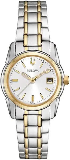Bulova Reloj de mujer clásico de acero inoxidable bicolor de tres manecillas con fecha y calendario, esfera plateada y blanca (Estilo: 9