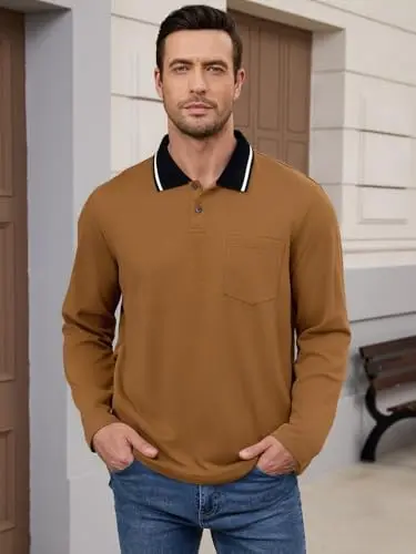 Polos de algodón de manga larga para hombre, polos de moda, camisetas clásicas básicas de trabajo con cuello y bolsillo - imagen 2