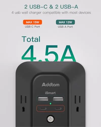 Extensor de Enchufe Addtam con 4 Puertos USB (2 USB-C), 1800J de Protección Contra Sobretensiones - imagen 3