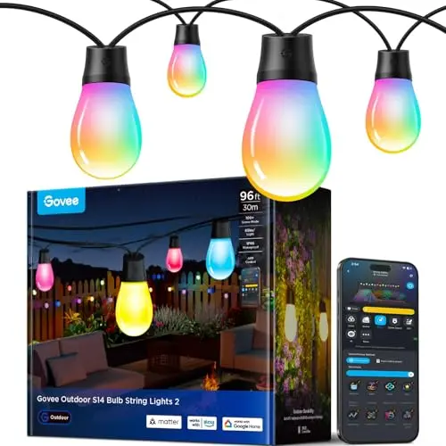 Govee S14 Luces de Cadena Exteriores 96ft, 30 Bombillas LED RGBICWW, IP66