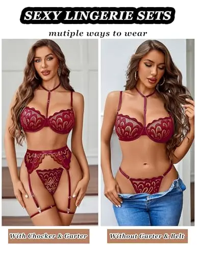 Avidlove Conjunto Lencería Sexy 3 Piezas con Bralette, Tanga y Suspensorio Rojo Vino - imagen 3