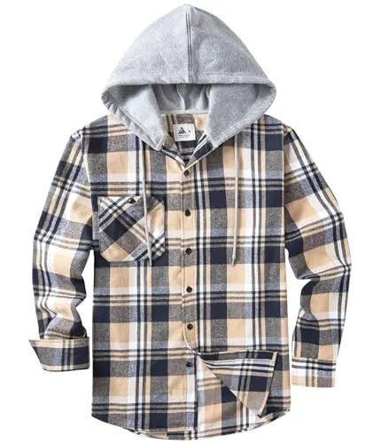 Camisa de Flanela para Hombre con Capucha y Diseño a Cuadros en Beige