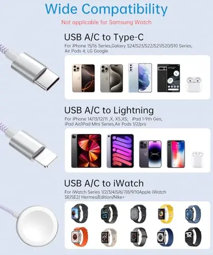 Wtinquik Cable Multifuncional Carga Rápida 3 en 2 para Apple Watch y iPhone, 4FT, Púrpura - imagen 3