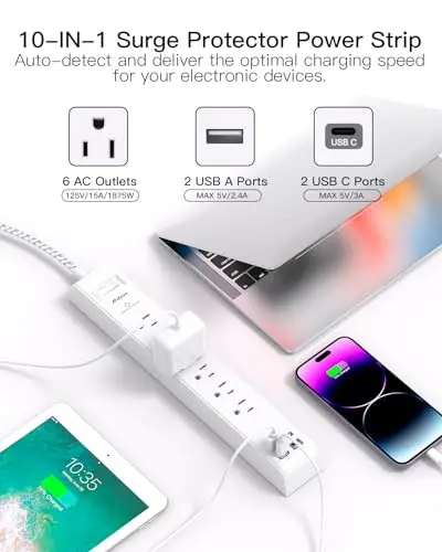 Regleta de Sobrevoltaje 10 ft con 4 Puertos USB y 6 Salidas AC, Montable en Pared - imagen 2