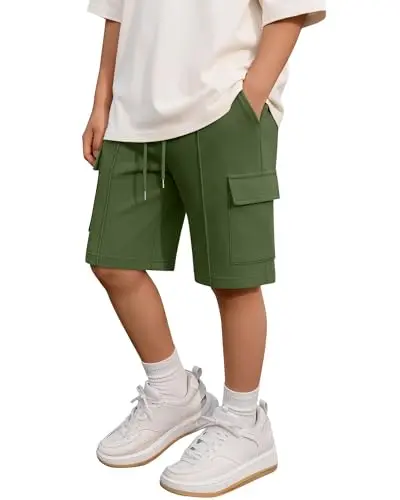 Bermudas Cargo para Niños Mumucove con Bolsillos, Verde Ejército, 13-14 Años