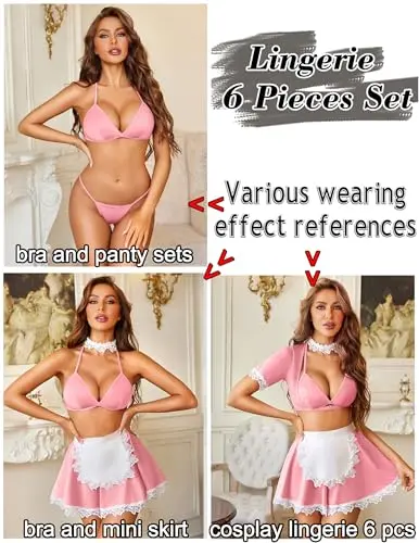 Lencería para mujer, conjuntos de lencería de cosplay, traje de sirvienta de encaje, disfraz sexy, 6 piezas - imagen 3
