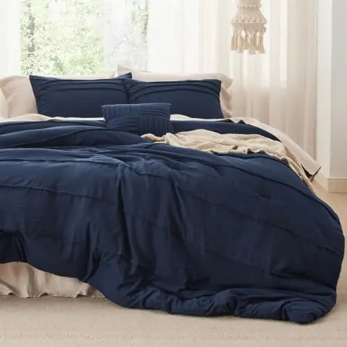 Juego de Edredón Queen Bedsure 4-Pc, Azul Navy, Diseño Boho y Pinch Pleat