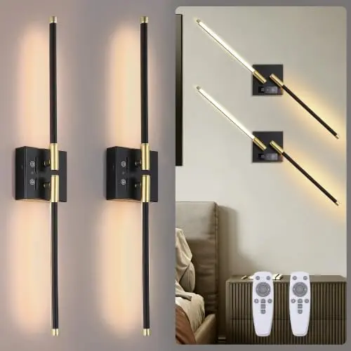 Aplique de Pared a Batería, 2 Pzs, Sin Cableado, Control Remoto, 28.3'', Negro