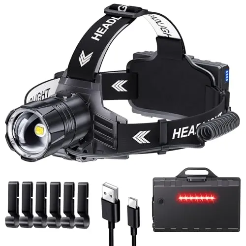 Linterna Frontal Sinvimes 99000 LED Recargable, 95H de Batería, 5 Modos y IPX7, Ajustable 125°