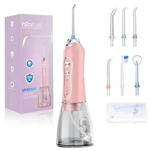 H2ofloss Irrigador Dental Portátil Sin Cable IPX7, 5 Modos, 300ml, Para Casa y Viaje (Rosa)