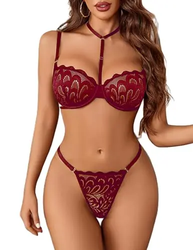 Avidlove Conjunto Lencería Sexy 3 Piezas con Bralette, Tanga y Suspensorio Rojo Vino