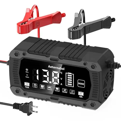 Cargador de batería inteligente 12A para 12V/24V, carga rápida y modos de mantenimiento
