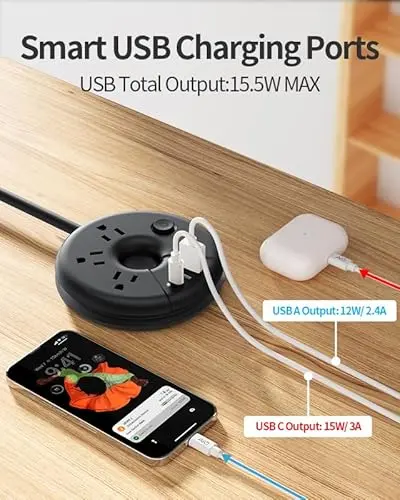 Extensión de 15 ft NTONPOWER: Toma múltiple con 3 salidas y 3 puertos USB, incluido USB-C - imagen 5