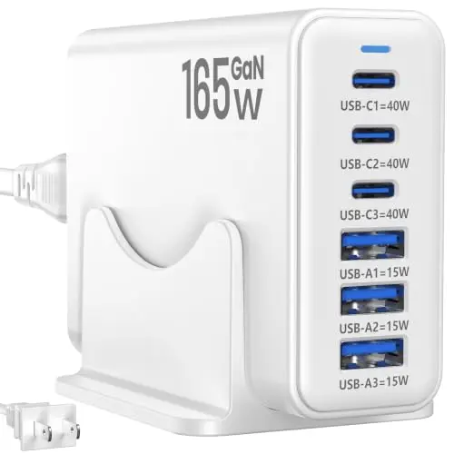 Estación de Carga Newdarren 165W, Cargador de Escritorio de 6 Puertos, 3 Puertos USB C 40W
