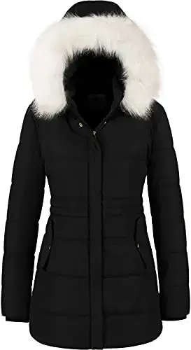Abrigo Parka Chrisuno 3/4 de Mujer con Capucha Desmontable y Forro de Piel Sintética - Negro