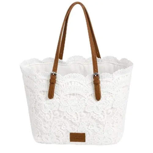 Bolso de Hombro Blanco de Encaje para Mujer, Vintage Boho, Ligero y Amplio para Viajes y Uso Diario