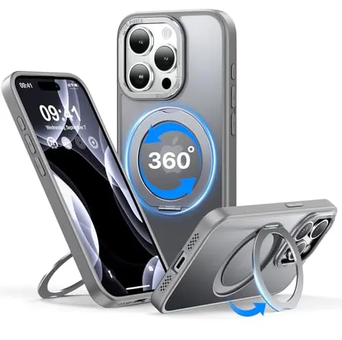 Funda QTlier para iPhone 15 Pro con soporte giratorio 360° y protección contra caídas (Gris)