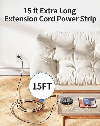 Extensión de 15 ft NTONPOWER: Toma múltiple con 3 salidas y 3 puertos USB, incluido USB-C - imagen 2