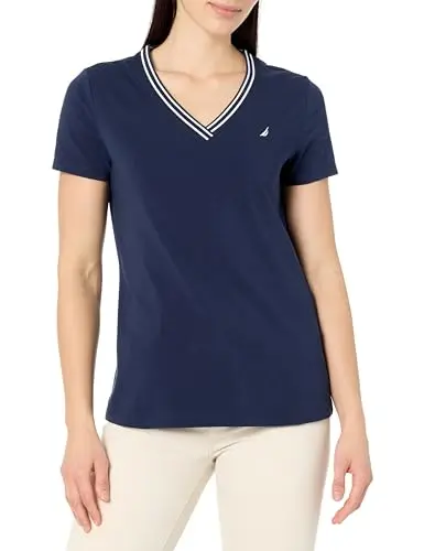 Camiseta Nautica de Mujer V-Neck de Manga Corta, 100% Algodón, Versátil y Elegante