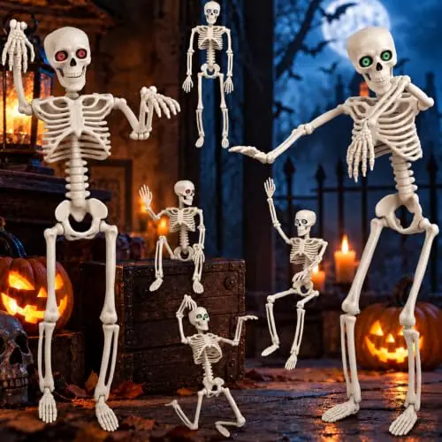 Decoración de Halloween: 6 Esqueletos de 16" con Ojos Movibles para Fiestas y Jardín