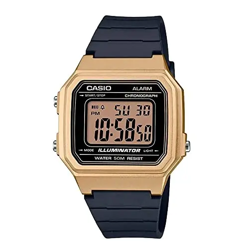 Reloj Digital Casio W217H: Diseño Clásico en Dorado y Negro, 50M WR, Luz LED y Alarma Diaria