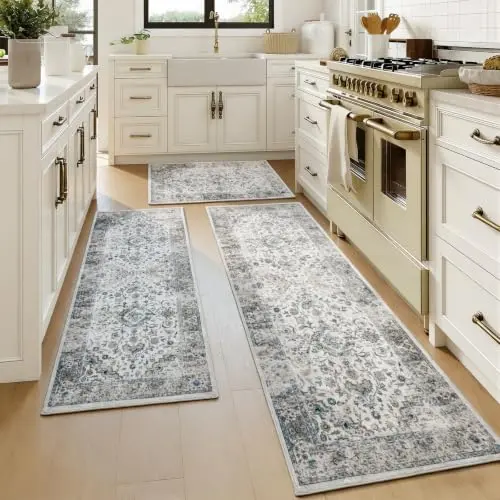 Conjunto de 3 Alfombras de Cocina UKISS: Lavables y Antideslizantes en Diseño Boho Floral