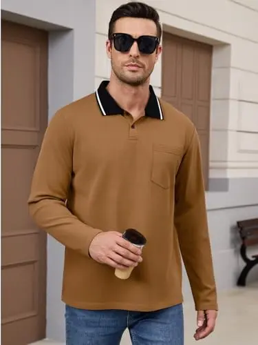 Polos de algodón de manga larga para hombre, polos de moda, camisetas clásicas básicas de trabajo con cuello y bolsillo - imagen 3