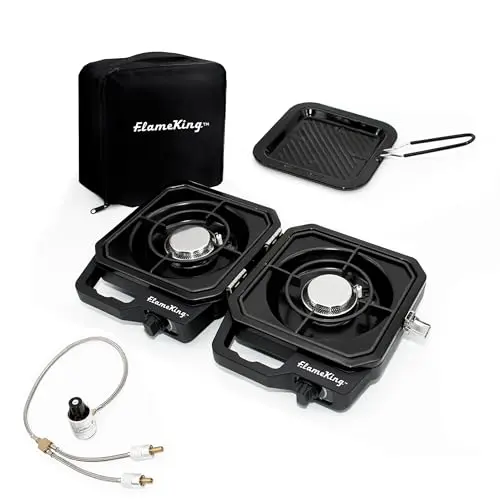 Cocina Compacta Flame King™, Estufa de Camping Doble Quemador, 12,000 BTU, Portátil y Plegable