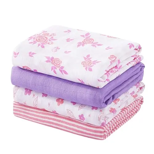 Manta de Muselina Viviland 4 Pack 47x47in, Suave y Transpirable para Bebés, Rosa Púrpura