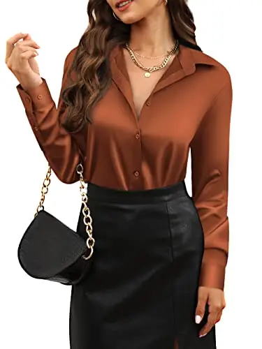 Camisa de satén para mujer con botones, manga larga, elegante y cómoda, talla XS, color café