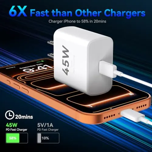 Cargador Rápido 45W para iPhone 17/16/15 con Cable USB-C de 10FT - 2 Packs - imagen 3