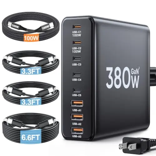 Cargador USB-C 380W con 4 Cables: Estación de Carga Dual 100W