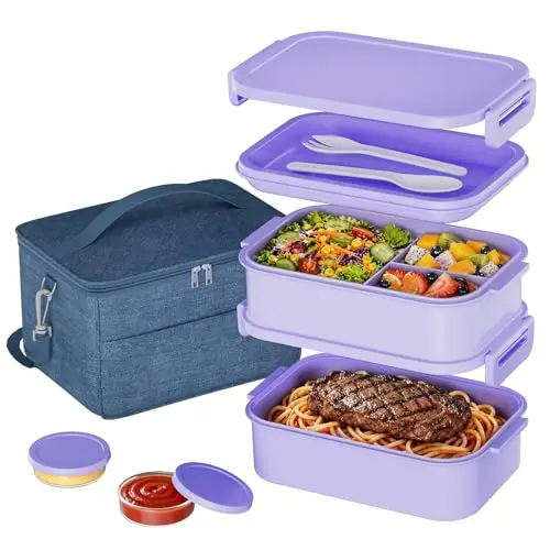 Bento Box Apilable 74 OZ con Bolsa Térmica - Fuga, Insulada y de Calidad Premium para Adultos y Niños (Púrpura)