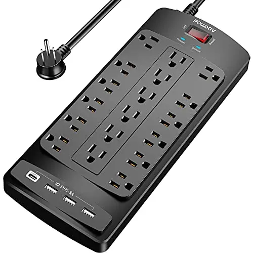 Regleta de 18 salidas y 4 puertos USB, 2100 Joules con protección contra sobrecargas