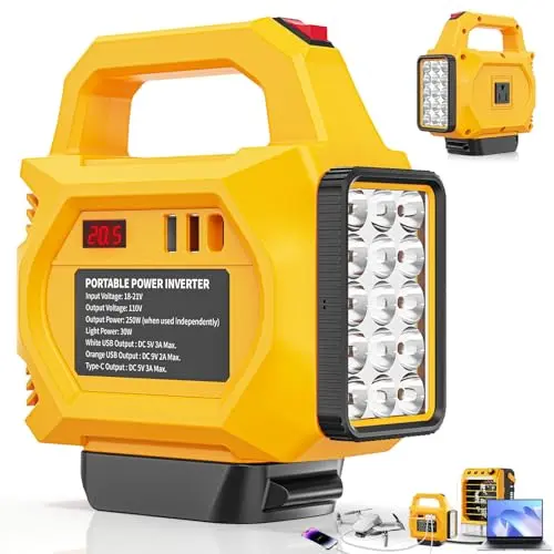 Inversor de 250W para Baterías Dewalt 20V: Potencia Portátil y Luz LED de 3000LM