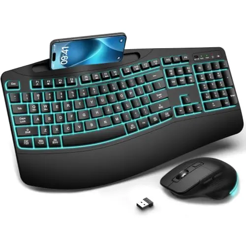Combo de Teclado y Mouse Ergonómico EDJO Inalámbrico con Retroiluminación de 7 Colores