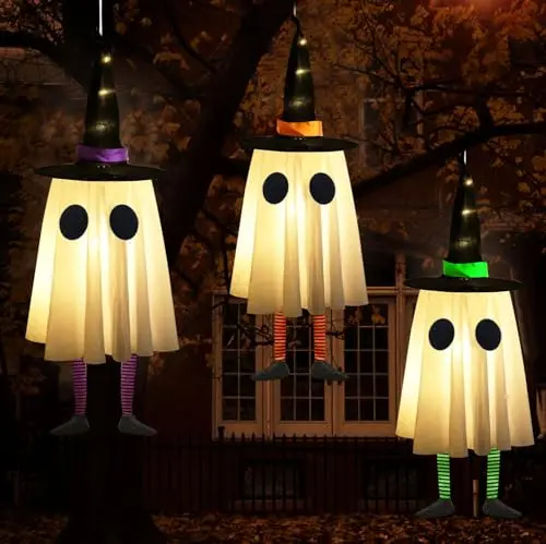 Decoraciones de Halloween: Fantasmas con Sombreros de Bruja Iluminados