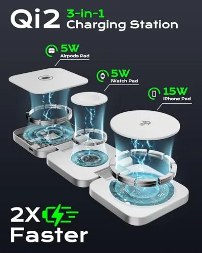 Cargador Inalámbrico 3 en 1 Qi2: Carga Rápida de 15W para iPhone, Apple Watch y AirPods - imagen 3
