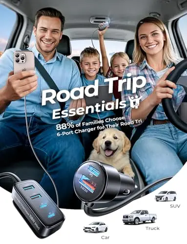 Cargador AINOPE 108W USB C para auto: 6 puertos de carga rápida para viajes familiares - imagen 2