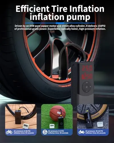 Compresor de Aire PUFFORO Portátil 150 PSI con Luz LED y Pantalla Digital, Carga Rápida - imagen 4