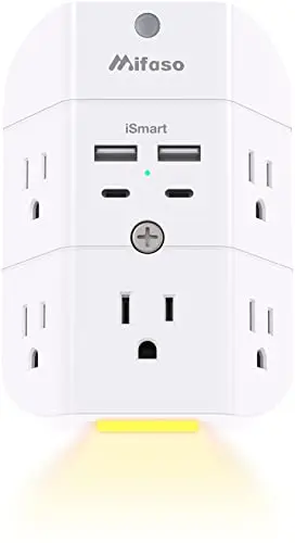 Extensor de Enchufe con Luz Nocturna - 5 Salidas y 4 Puertos USB (2 USB C) para Hogar y Oficina