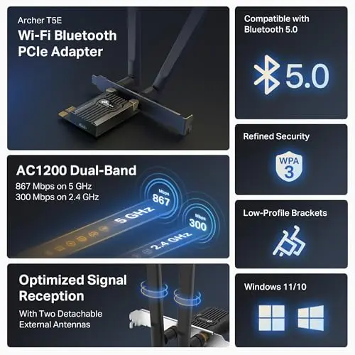Tarjeta WiFi TP-Link AC1200 Archer T5E - Dual Band, Bluetooth 5.0, 1200 Mbps, 2 Antenas - imagen 2