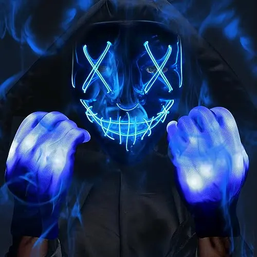 Máscara y Guantes LED Halloween: 3 Modos de Iluminación y Diseño Impactante (Azul)